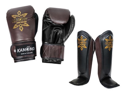 Kanong Muay Thai-handschoenen + Scheenbeschermers van echt leer : Bruin/Zwart